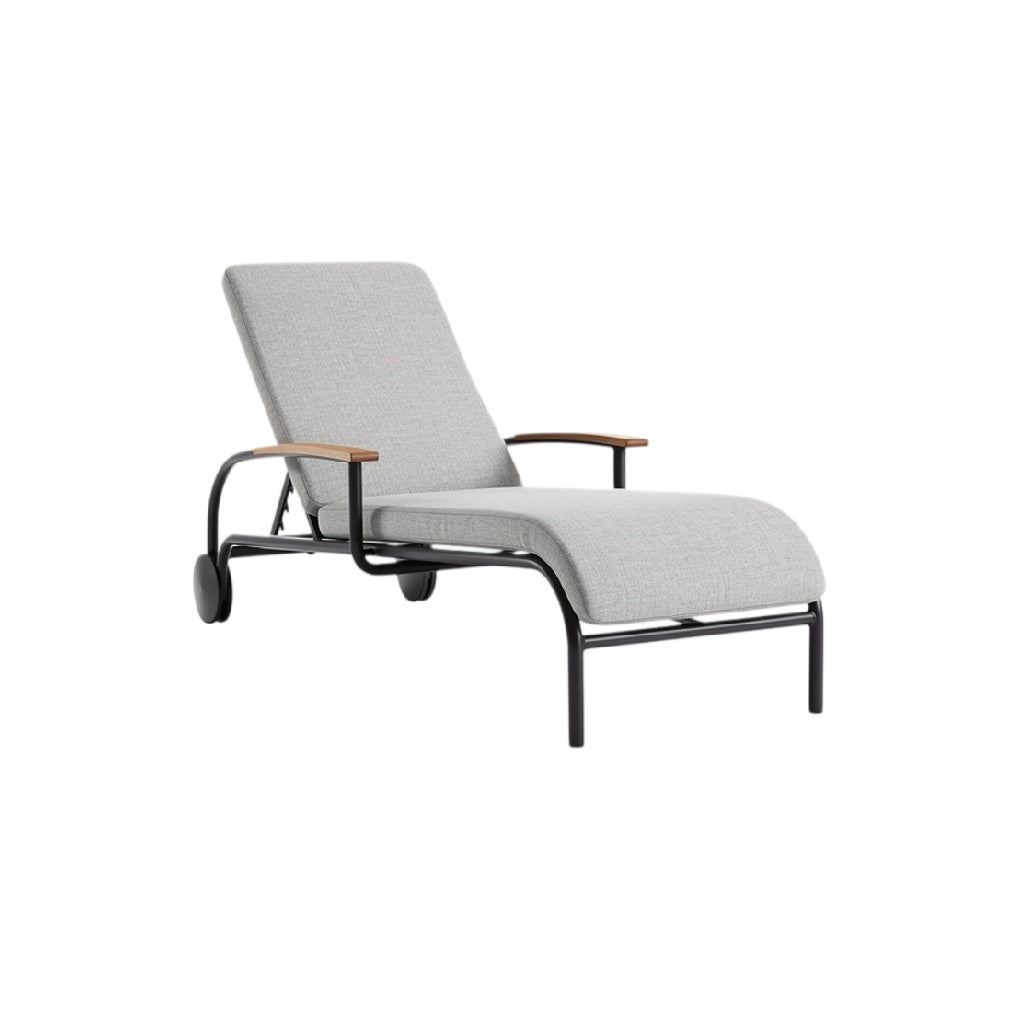 **Chaise longue en aluminium avec coussin gris et accoudoirs en bois**