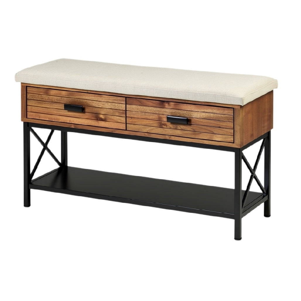 **Banc en bois avec coussin et tiroirs de rangement**