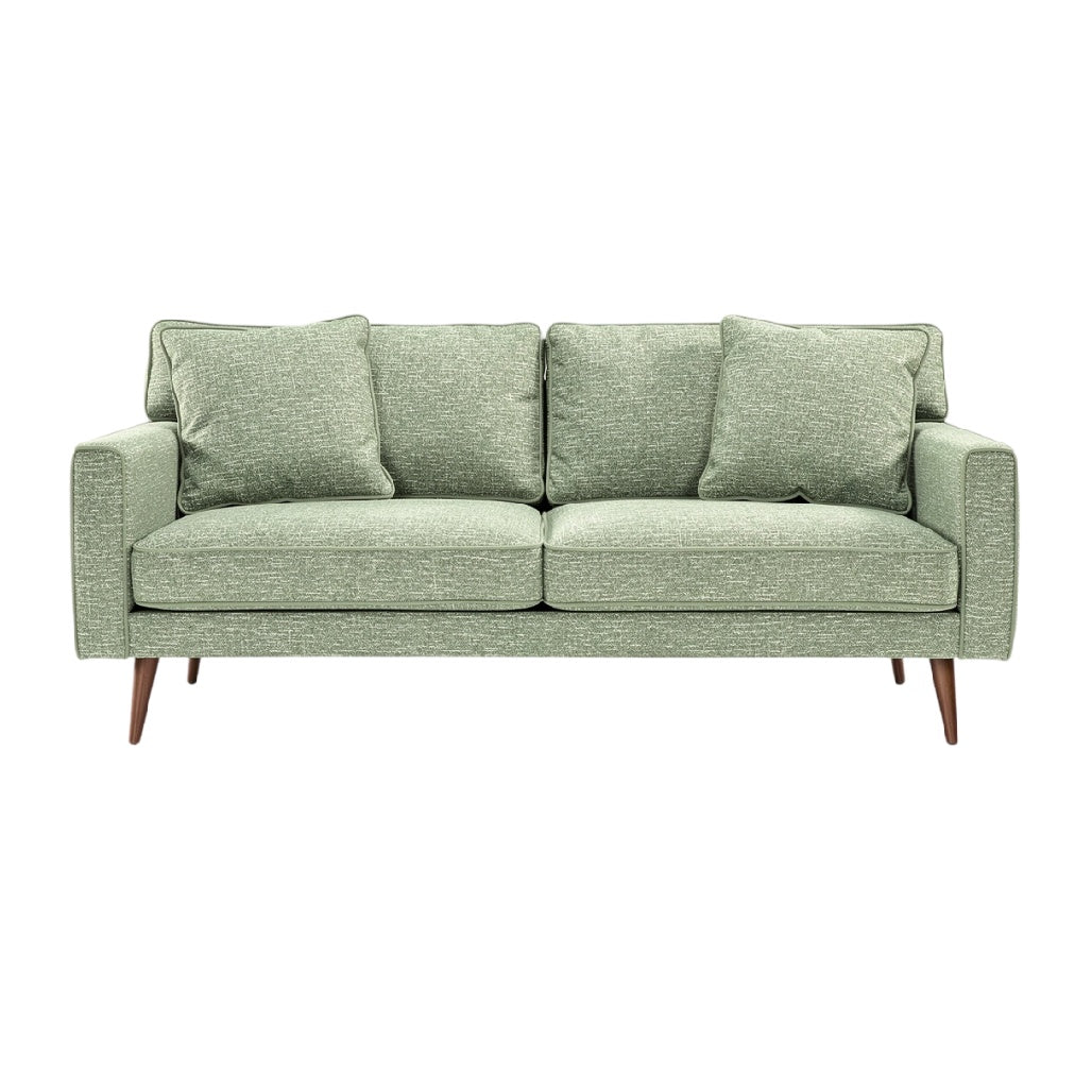**Canapé moderne en tissu vert avec coussins, design épuré et pieds en bois**