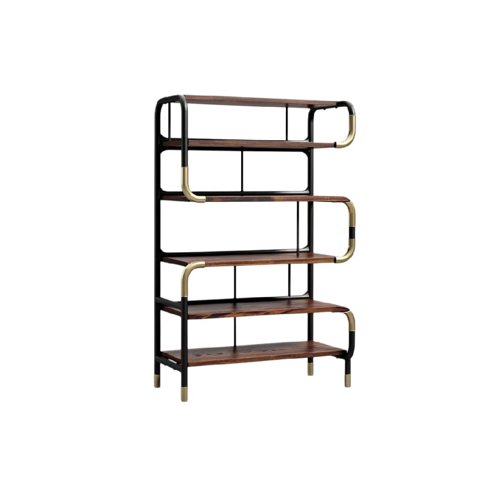 **Étagère moderne en bois et métal avec finition dorée**