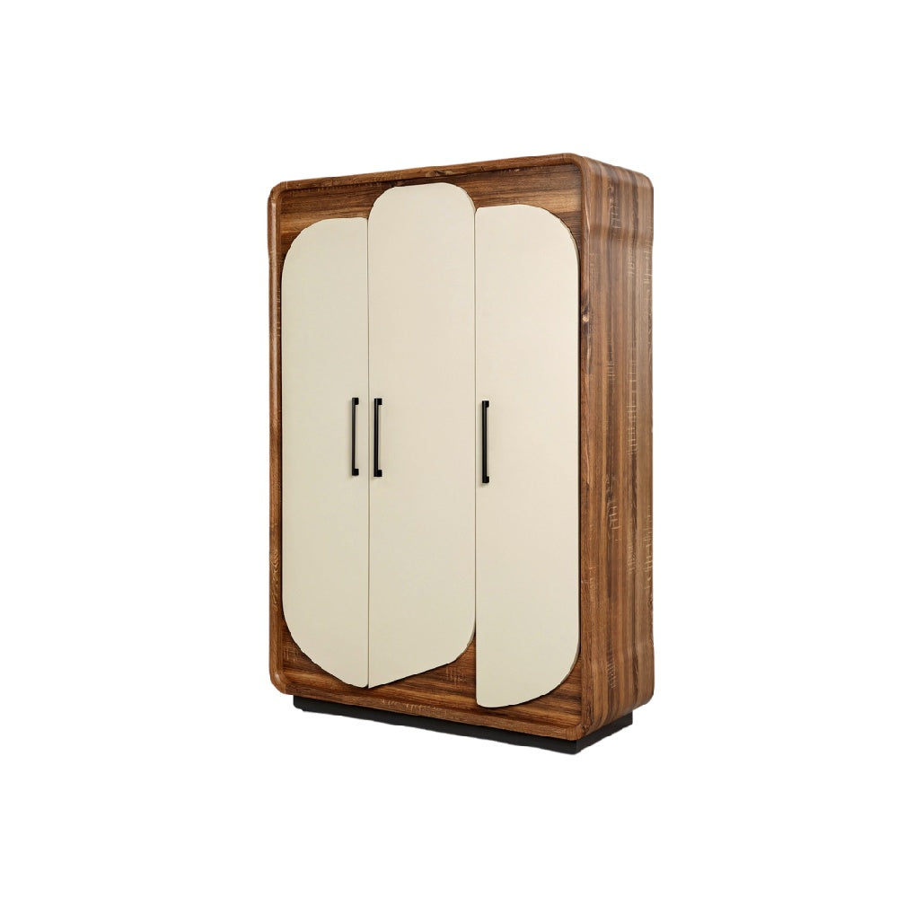 **Armoire en bois avec portes courbes et poignées noires**
