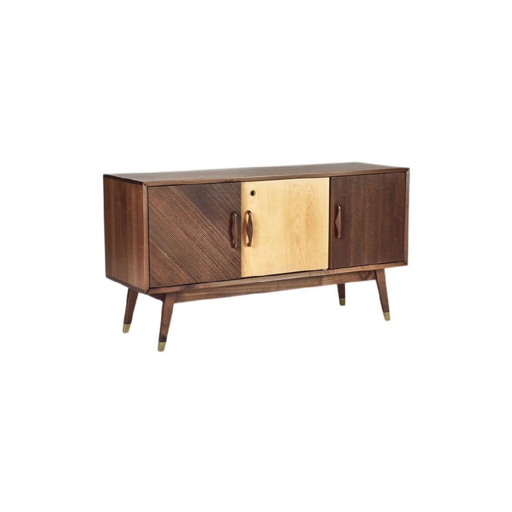 **Meuble TV en bois massif avec portes en bois clair et foncé**